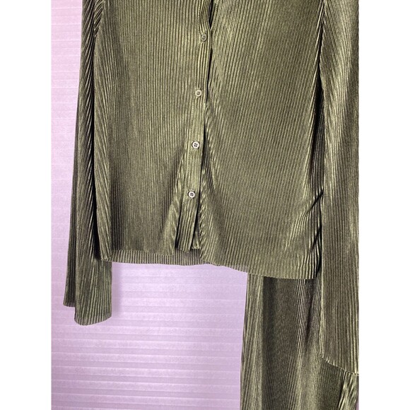 Say Anything 2pc Top Pants Sz M Olive Green Ribbed Long Sleeve Button Down Sheer - Picture 4 of 14